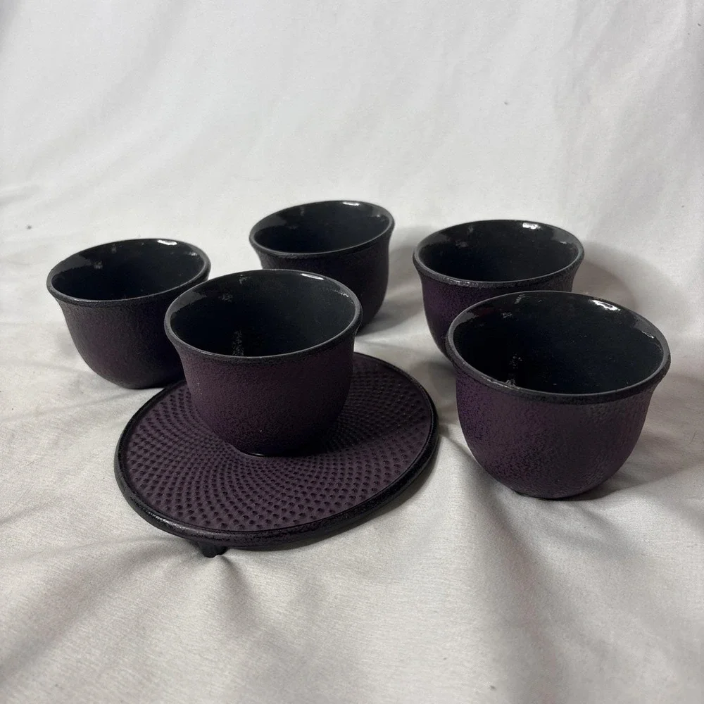 Vtg Purple Hobnail Cast Iron Japanese Tetsubin Teacup Set 5 Cups 1 Saucer